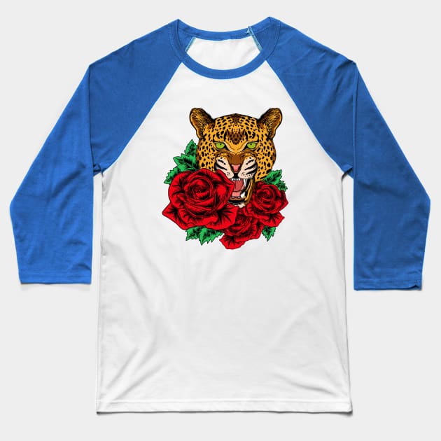 leopard cheetah roses artwork Baseball T-Shirt by Mako Design 